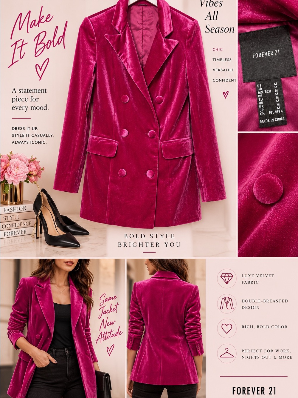 Forever 21 Velvet Double-Breasted Blazer Jacket - Fuchsia Barbie Pink